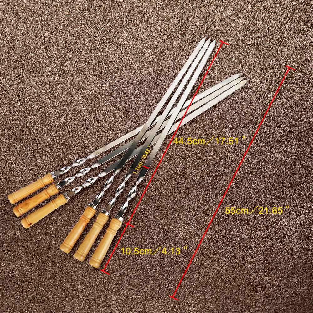 6Pcs Long Handle Shish Kebab Wood BBQ Fork Stainless steel Outdoors Grill Needle Barbecue Grill Stick 55cm 21.65" BBQ Skewers