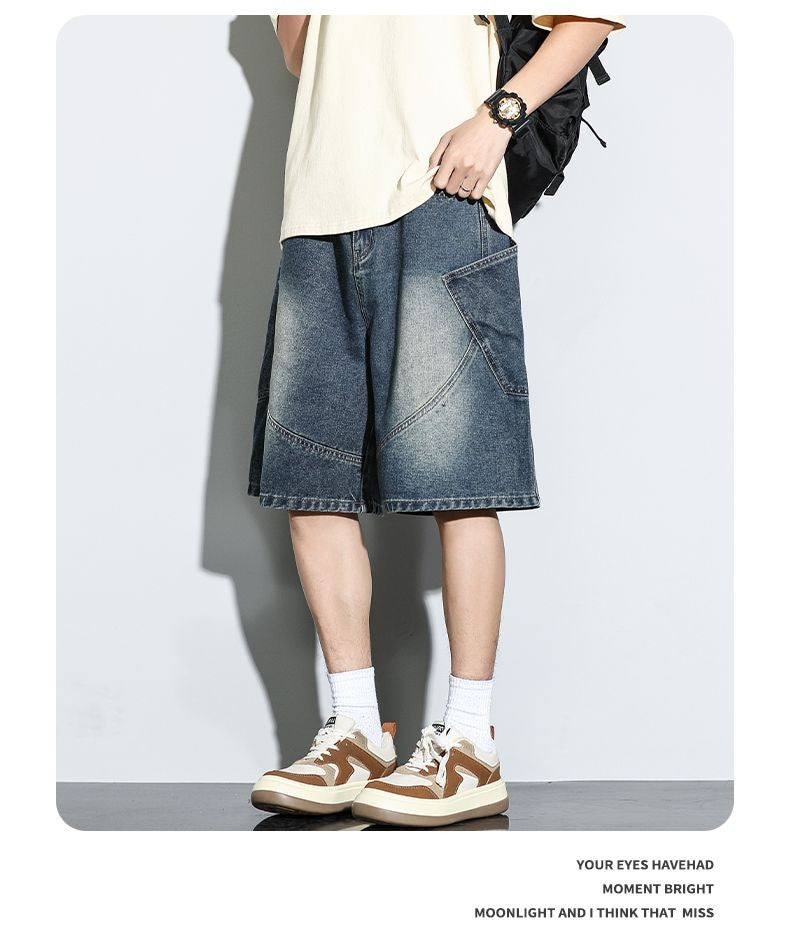 Summer New Baggy Denim Shorts Fashion Casual Straight Harajuku Jeans Male Vintage Wash Drawstring Short Pants Streetwear