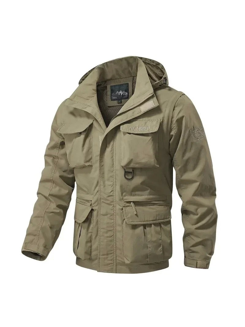 Men's Casual Waterproof Multi Bag Cargo Jacket Vest Suitable for Outdoor Activities Detachable Windproof Hooded Jacket Jacket