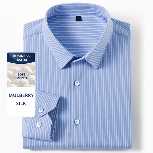 High End Mulberry Silk Soft Anti-wrinkle New Stripped Slim Fit Brand Men Shirts Designer Long Sleeve Business Casual Tops 2025