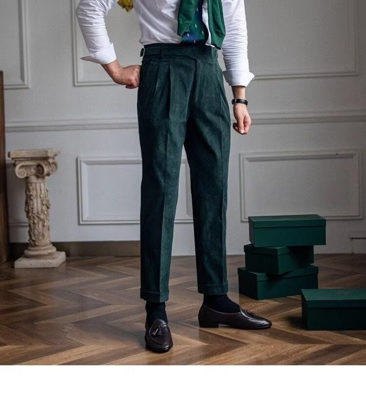 Italian Style Corduroy Naples Suit Pants Men High-waisted Adjustable Belt Straight Trousers Autumn England Business Casual Pant