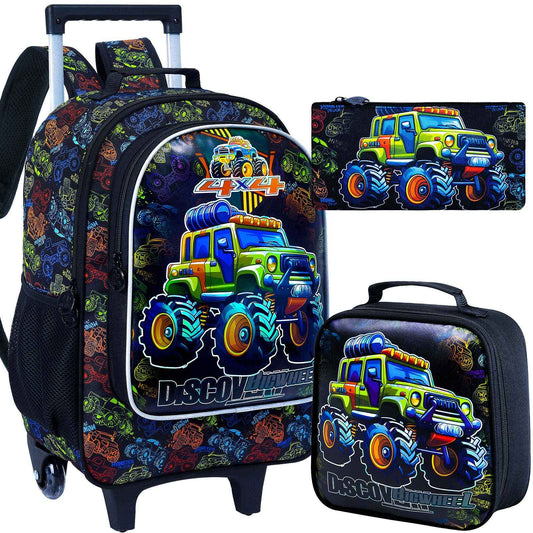 3PCS Rolling Backpack for Girls and Boys, Kids Roller Wheels Bookbag, Wheeled Elementary School Bag with Lunch Bag