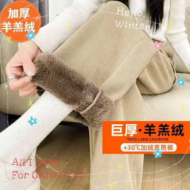 Warm Lambswool Straight Pants Women Corduroy Thickened Loose Wide Leg Pants Fashion Casual Elastic High Waist Fleece Trousers