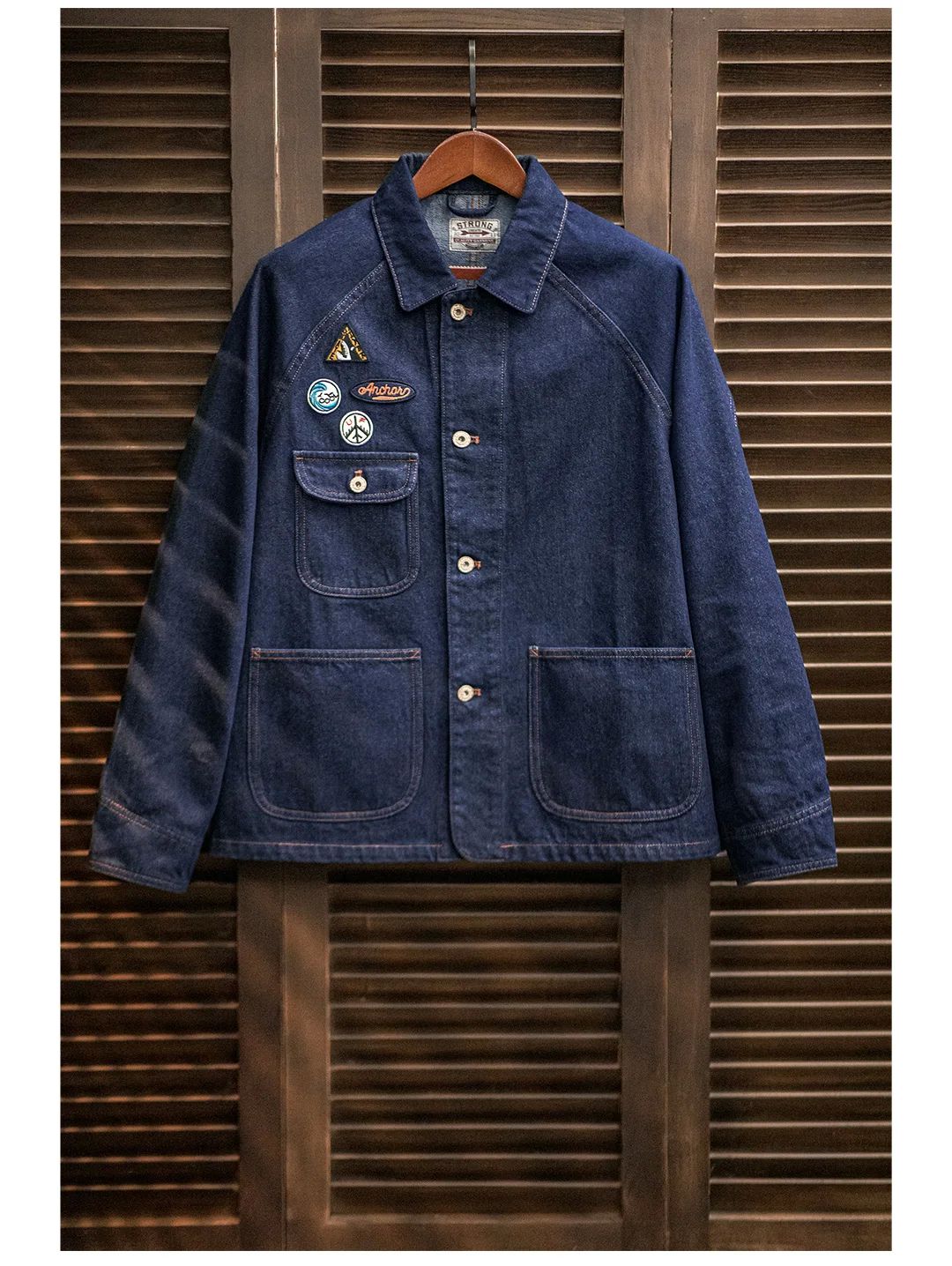 Maden Vintage 12.8oz Heavyweight Denim Jacket Embroidered Badge Washed Lapel Casual Outerwear for Men Spring and Fall Chore Coat