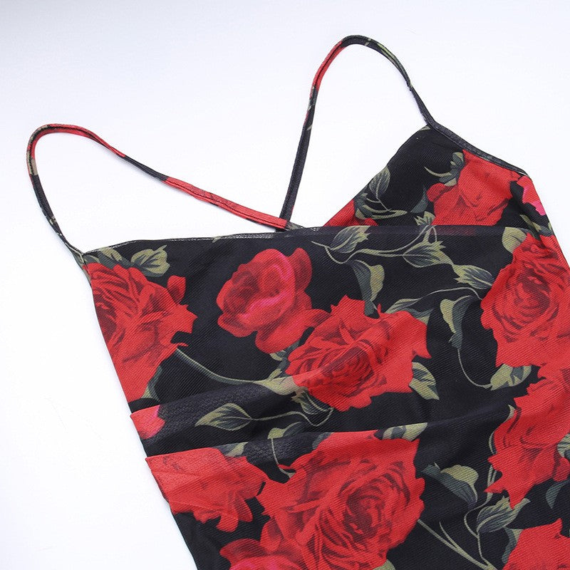 Flowers Print Spaghetti Strap Dresses Women Temperament Package Hip Bodycon Long