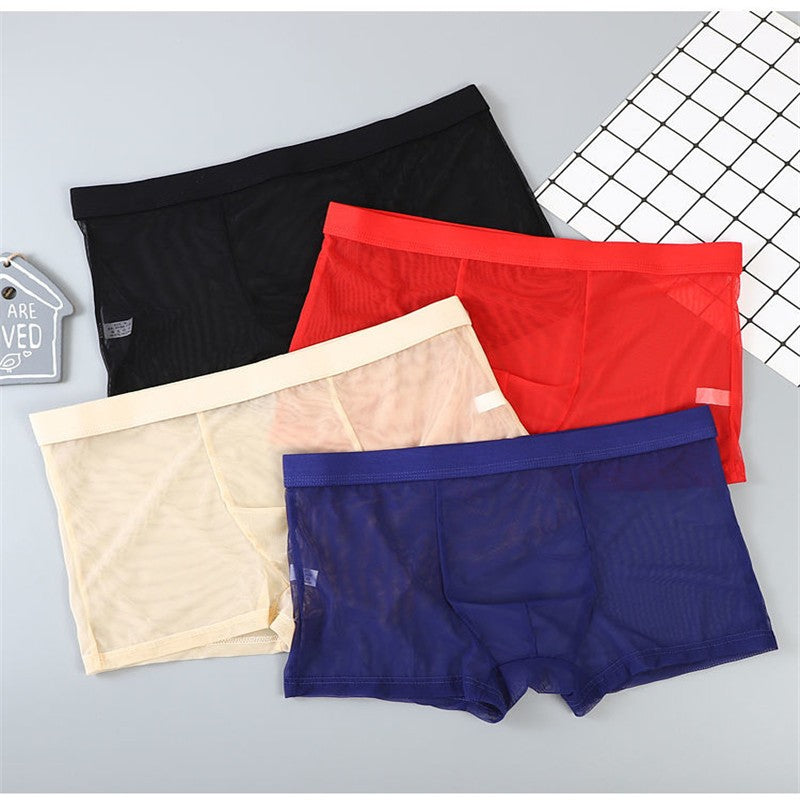 Men Transparent Boxers Bulge Ice Silk See Through Underpants Sexy Mid Waist Panties Lingerie Intimates