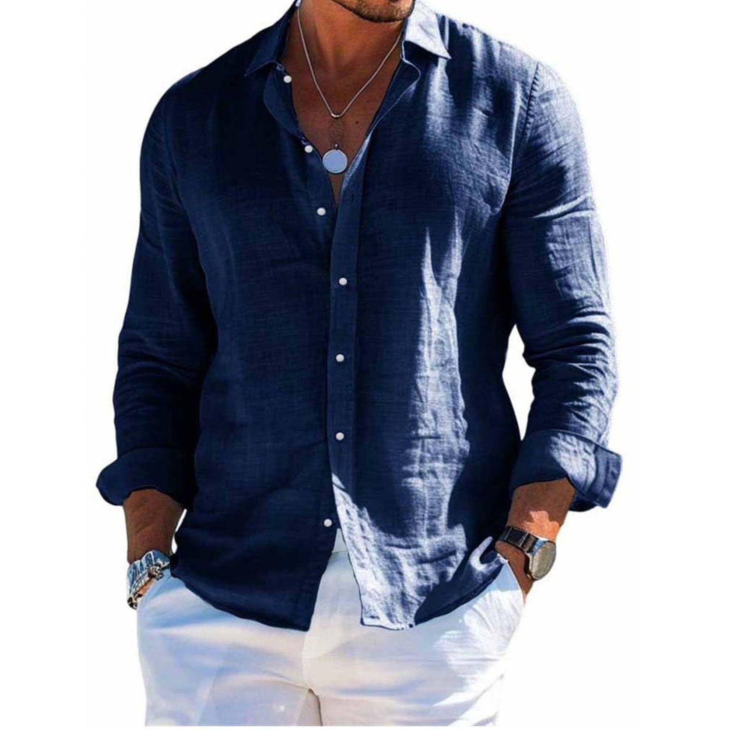 Men's tops long sleeve new style shirt cotton linen cool solid color loose lapel casual beach style cardigan spring and summer