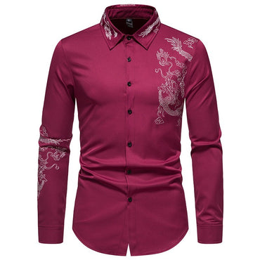Dragon Embroidered Long Sleeve Shirt Autumn and Winter Single Breasted Slim Fit Button Retro Social Dress Shirt Street Wear