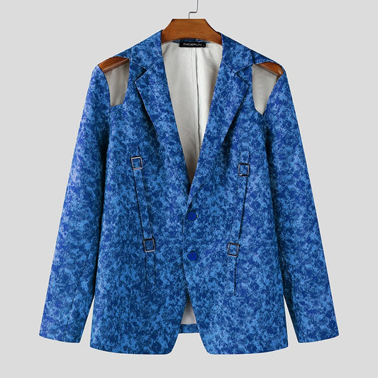 INCERUN Men Blazer Printing Hollow Out Lapel Long Sleeve Male Suit Streetwear Elegant Fashion Casual Thin Coats Men Blazer S-5XL