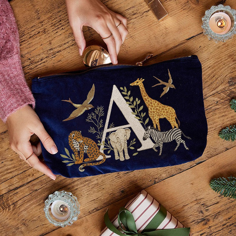 Velvet Clutch Makeup Bag Featuring Cute Animal Alphabet Print