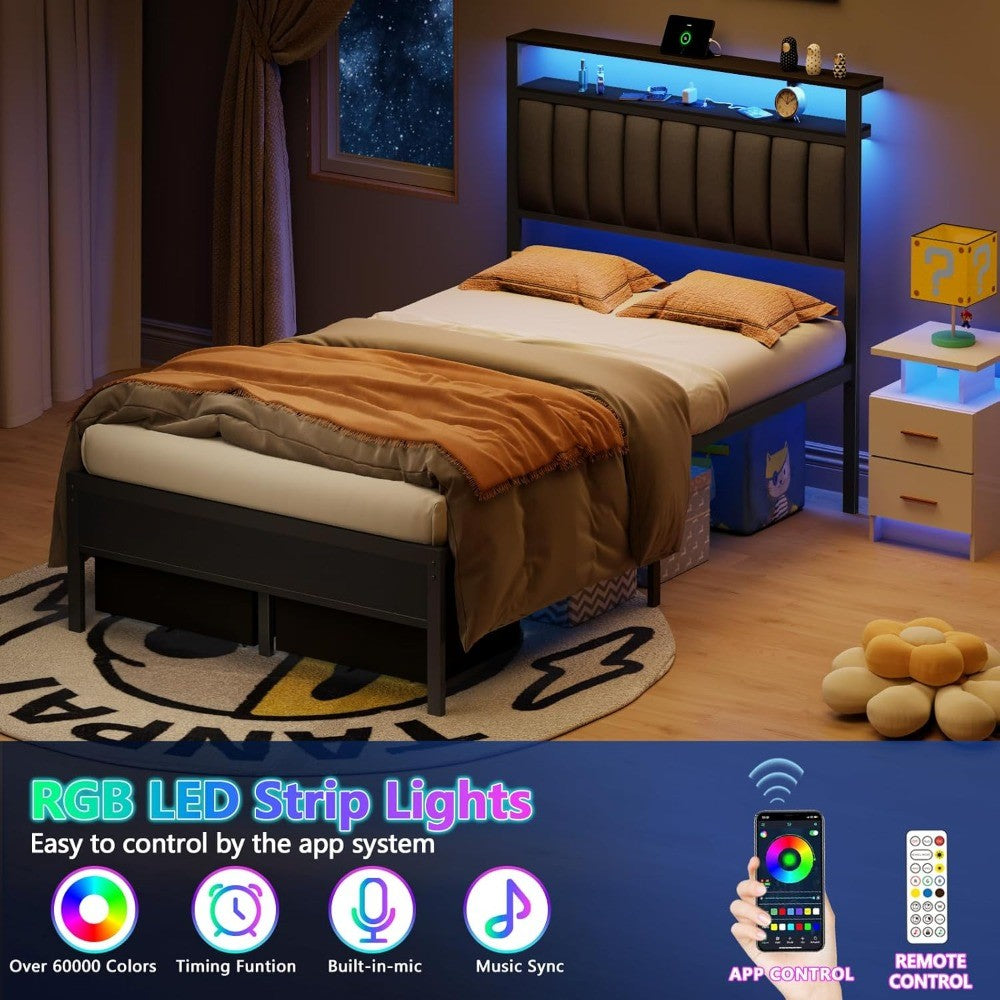 Bed Frame Charging Station and LED Lights,Grey Upholstered Headboard with Shelves,Metal Platform Bed with 2 Under-Bed Storage