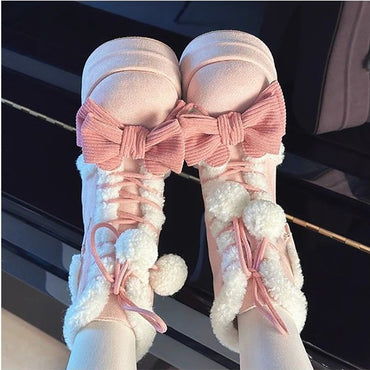 Sweet Winter Girls Lolita Mid-Calf Snow Boots,Cute Female Students Plush Warm Bowknots Lace Up Wedge Heel Heightening Shoes