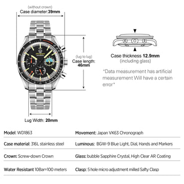 Watchdives WD1863 Mechanical Quartz Watches Black Spaces VK63 Chronograph Sports Watches Man Bubble Sapphire Waterproof Watch