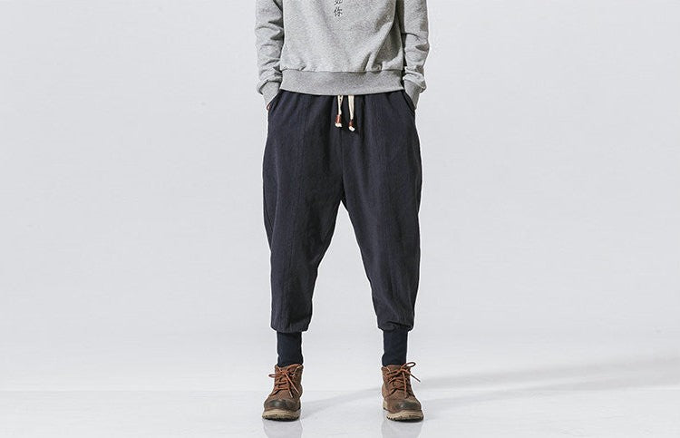 Cotton Linen Harem Pants Men Solid Elastic Waist Streetwear Joggers New Baggy Drop-crotch Pants Casual Trousers Men