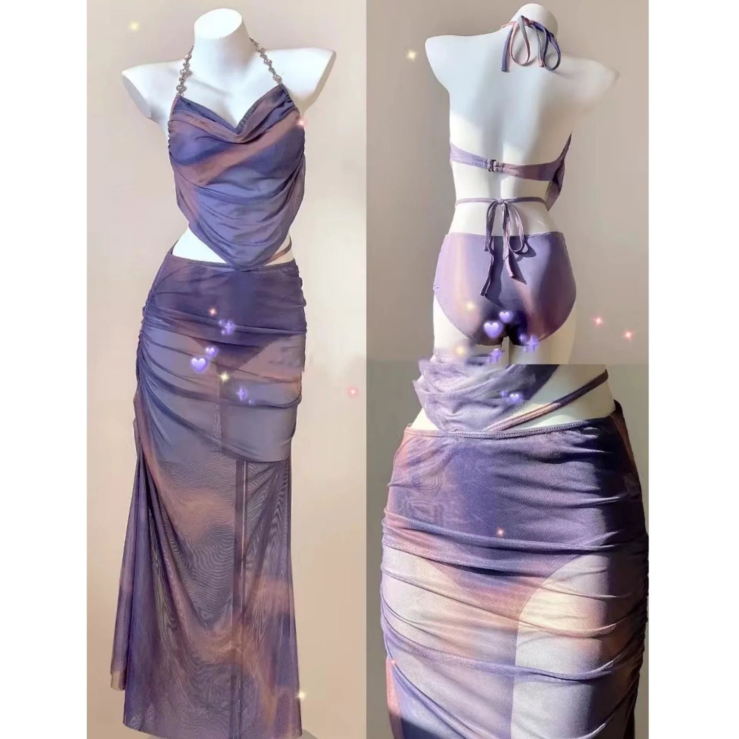 2024 New Three-Piece Bikini Set Beach Vacation Hot Spring Trip Slimming Long Skirt Separate Swimsuit Meat Concealing Photography