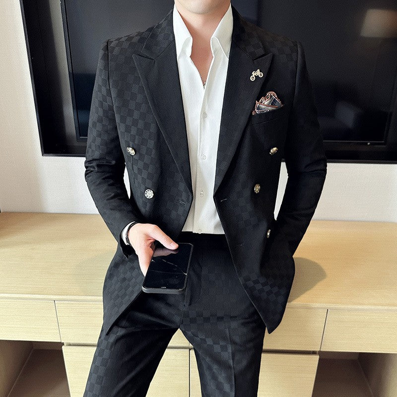 (Jacket+Pants)Luxury Checkered Double Breasted Suit 2 Pieces Fashion Business Slim Fit Social Formal Suit Evening Dress 5XL-M