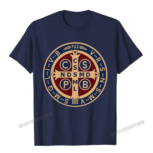The Saint Benedict Medal Catholic Pullover Tees Camisas Men Slim Fit Mens T Shirt Printed T Shirt Cotton Geek