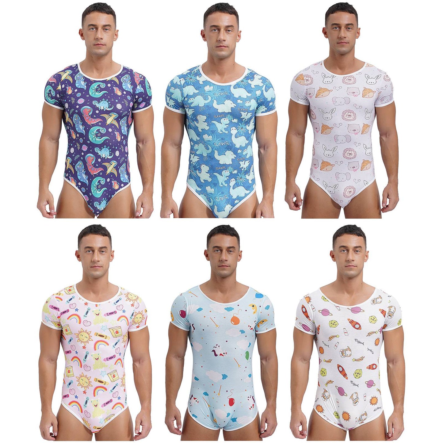Mens Cute Cartoon Print Bodysuit Sissy Pajamas Short Sleeve Buttoned Crotch Diaper Rompers Gay Male Onesies Sleepwear Loungewear
