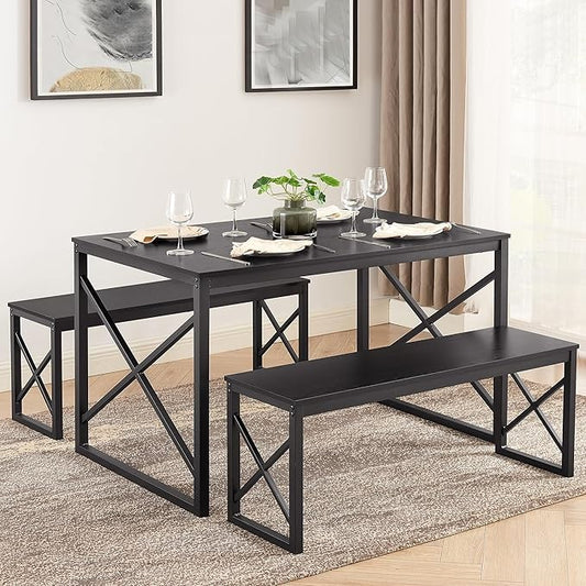 Wooden Kitchen Table Set with Metal Frame and 2 Benches for 4 People, Dining Set for Breakfast Nook and Small Spaces
