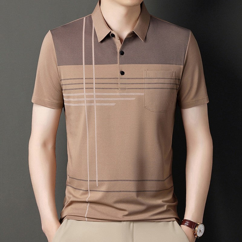 Summer New Men's Color Blocking Polo Shirt Pocket Button Up T-shirt Casual Slim Fit Comfortable Short Sleeved Breathable Top