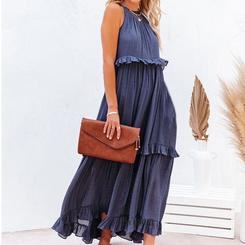 Elegant Women's Apricot Ruffle Edge Long Mop Floor Dresses Summer Fashion Hangin