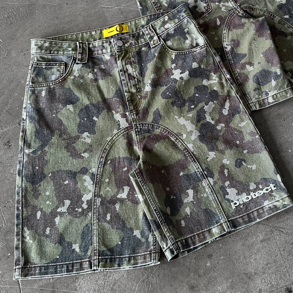 Retro Leaves Camouflage Denim Shorts Y2K Jeans Men Hip Hop Lettering Embroidery Retro Baggy Shorts Low Waist Over The Knee Pants