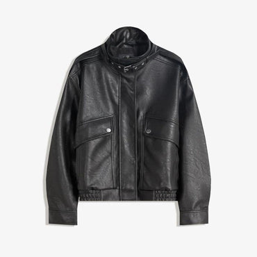 Fashion PU Leather Stand Up Coat for Women Casual Long Sleeve Zipper Lady Jackets 2025 Autumn New Female Outerwear High Street