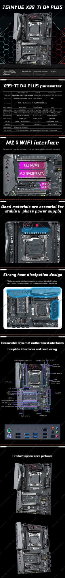 JGINYUE X99 motherboard Intel LGA 2011-3 xeon E5 V3 V4 DDR4 128GB M.2 NVME SATA X99TI D4 PLUS