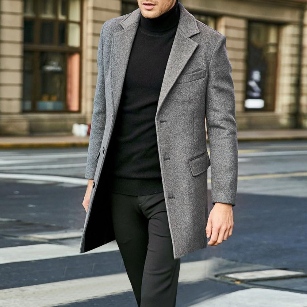 British Style Men Woolen Coat Flap Pockets Single breasted Elegant Men Trench Coat Mid length Long Winter Warm Overcoat