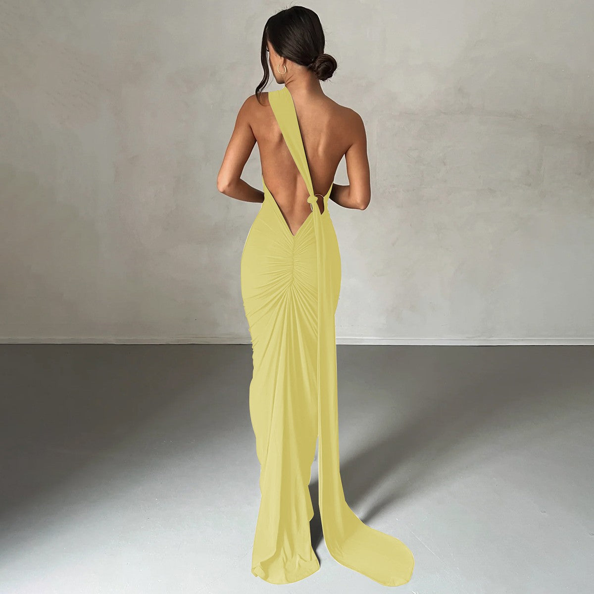 Hugcitar One Shoulder Backless Adjustable Scarf Loop Ruched Sexy Maxi Dress Wome