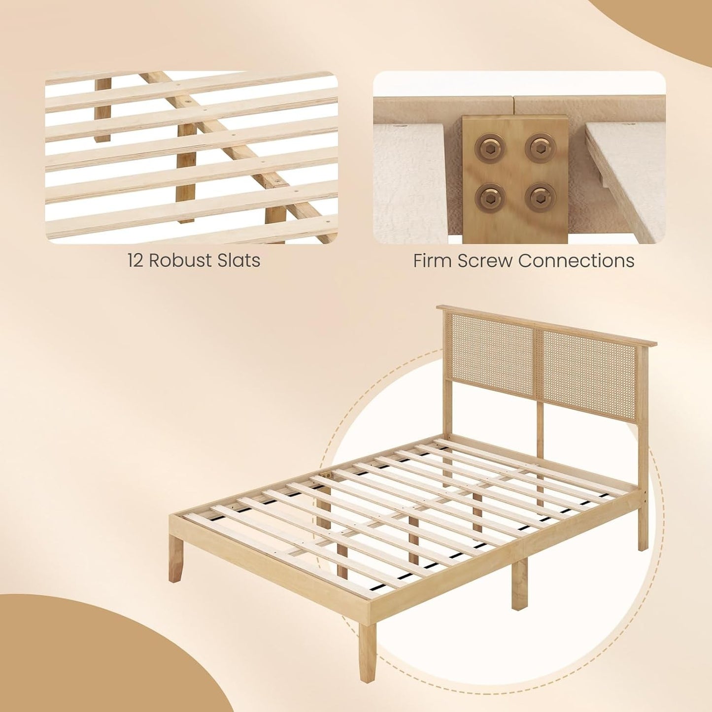 Full Size Wood Platform Bed Frame with Rattan Headboard, Boho Rubber Wood Bed Frame with Plywood Slats & Under-Bed Stora