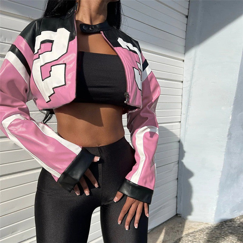 Women Crop Coat New Streetwear Fashion Letter Print Autumn Casual Sporty Wild Clothing Uniform Trend Female Faux Leather Jacket