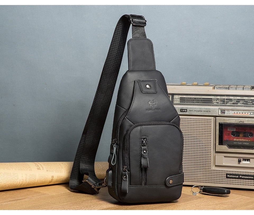 HUMERPAUL Men's Usb Chest Bag 100% Genuine Leather Crossbody Shoulder Bags Multifunction Travel Outdoor Messenger Pack Fashion