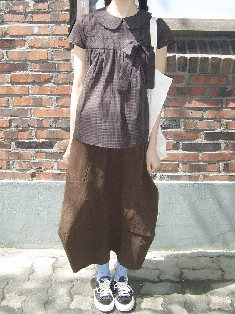 Vintage Plaid Shirts Women Japanese Harajuku Bow Peter Pan Collar Blouses Summer Korean Aesthetic Short Sleeve Casual Tops New