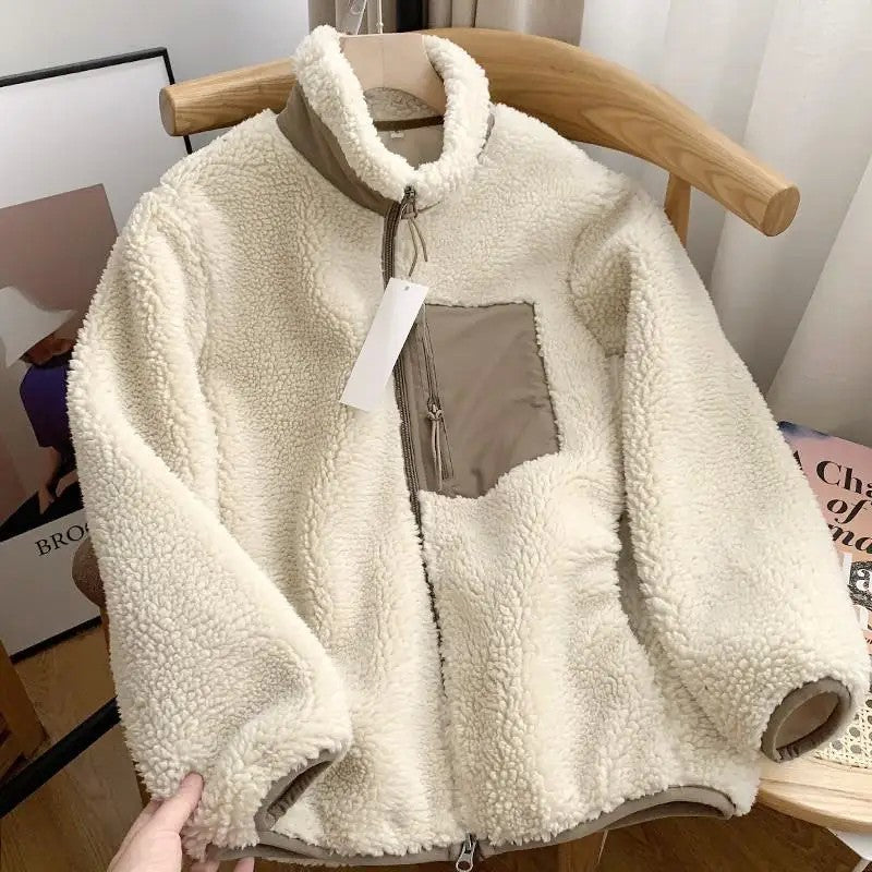 Autumn and Winter Japanese Men's and Women's Fleece Stand Neck Jacket Couple Zipper Loose Warm Lamb Wool Coat Solid Color Jacket