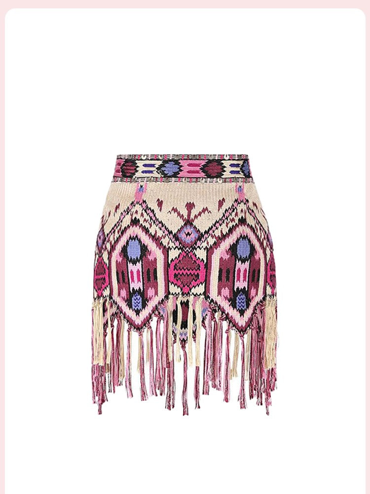 Yeova Women's High Waist Tassel Skirt National Sle Diamond Pattern Asymmetrical Wrap around Skirt Summer Casual