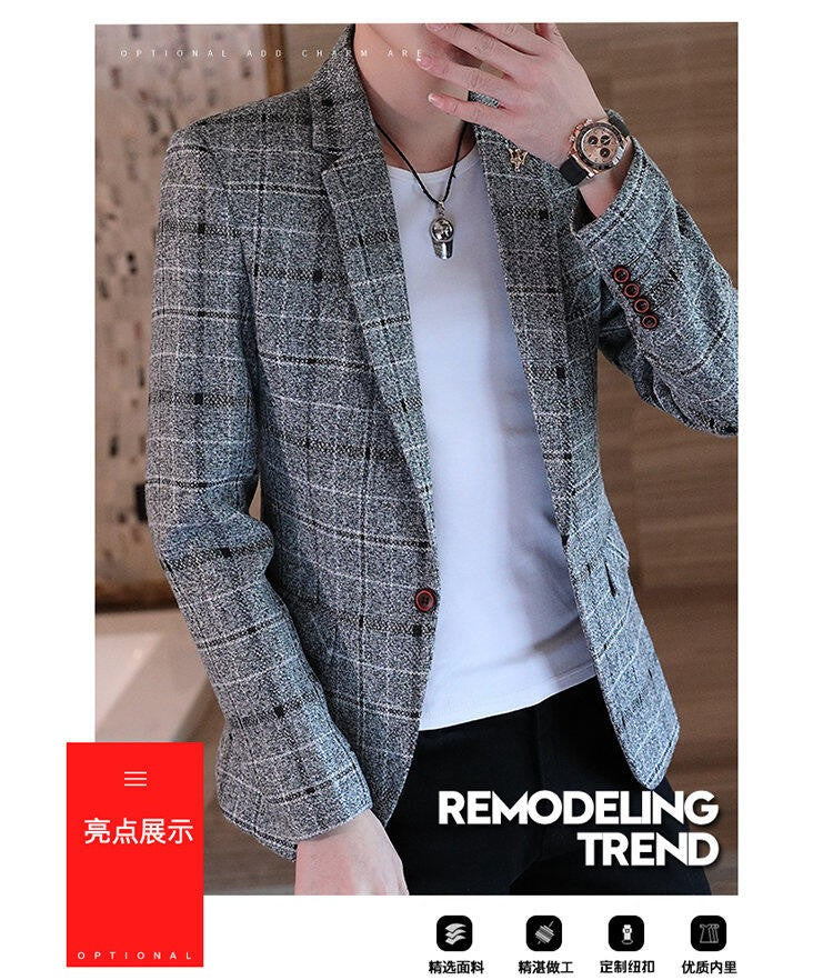 Men's casual plaid suit jacket, fashionable and versatile slim-fitting top, stylish plaid suit