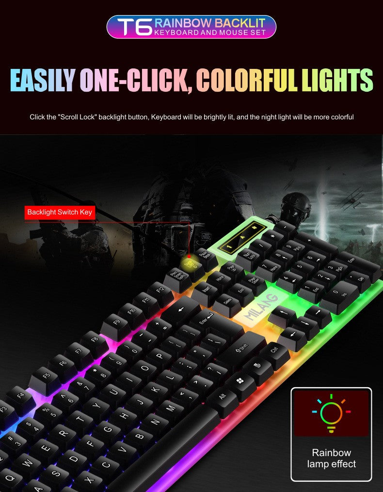 Teclado e Mouse com Fio e Retroiluminação Rainbow, Teclado com Teclas Flutuantes Forte, Resistente ao Desgaste, Sensação Confortável para Escritório Comercial