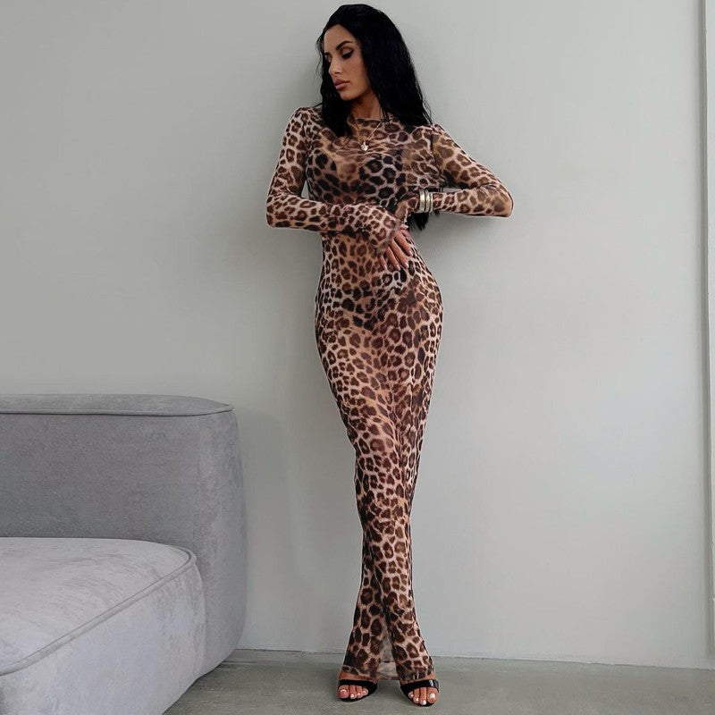 Hugcitar Leopard Print Mesh Long Sleeve Sexy Slim  See Through Maxi Dress Fall W