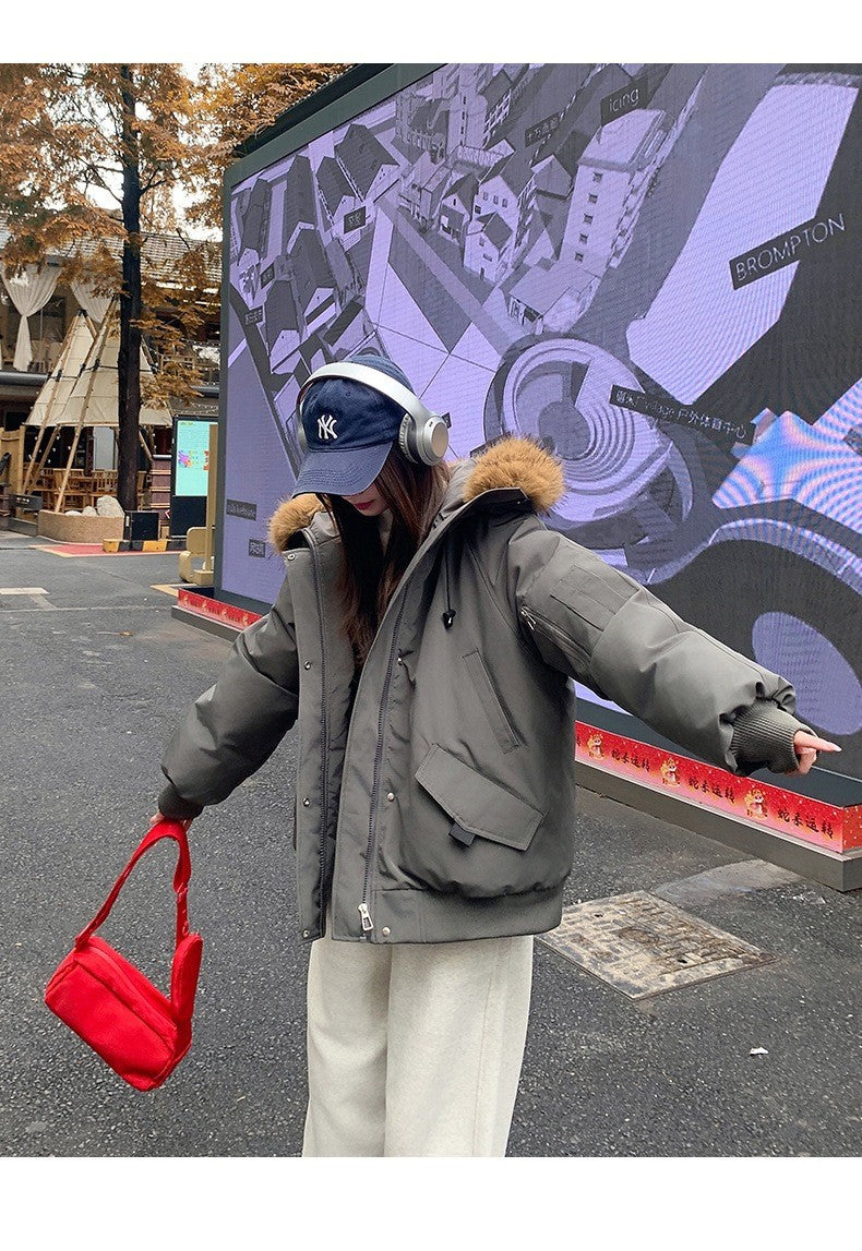 Winter Solid Long Sleeve Hooded Down Cotton Coat Tops Korean Women's Single Breasted Zipper Hooded Cardigan Short Jacket Thick