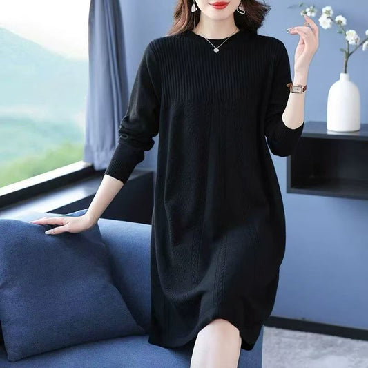 Women's Clothing Elegant All-match Solid Knit Dresses Autumn Winter New Casual Loose Long Sleeve Knee-Length Sweater Pullovers