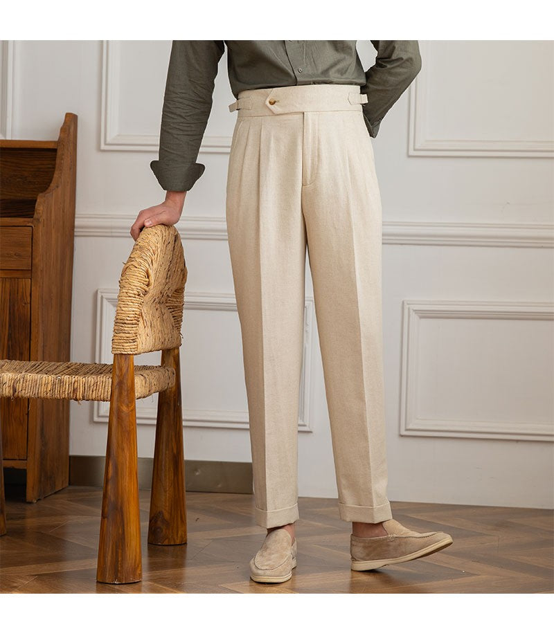 Three Gentleman Summer Naples Casual Straight Pants Men's Commuting Cotton and Linen Comfortable Breathable High Waist Pants
