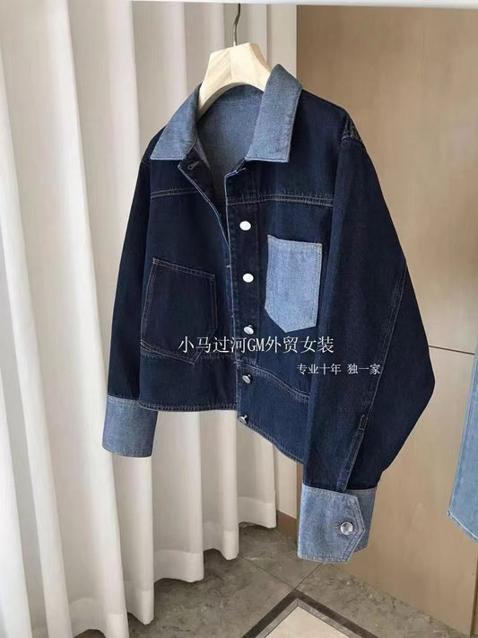 Retro Contrasting Color Laple Denim Jacket for Women 2024 Autumn New Loose Single-breasted Coats Casual Versatile Short Top