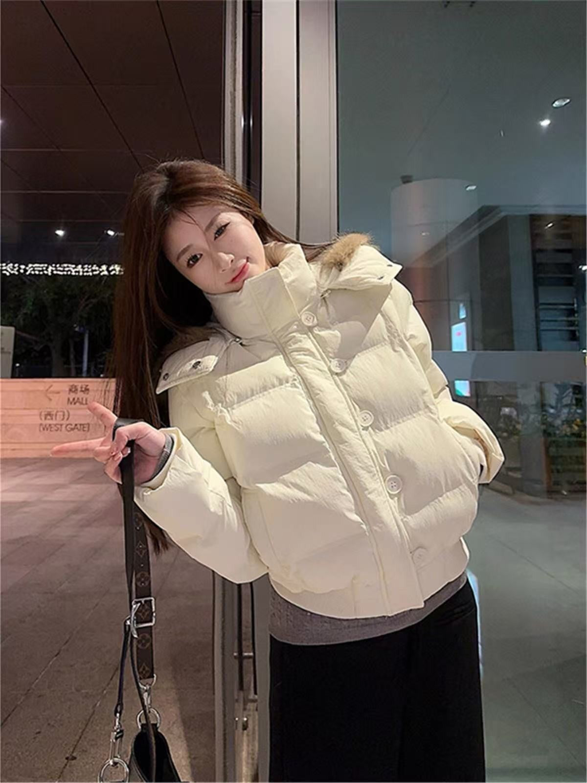 South District Fiona Women's Winter Jacket Navy Blue Cotton Short down Coat with Detachable Hood And Fur Collar