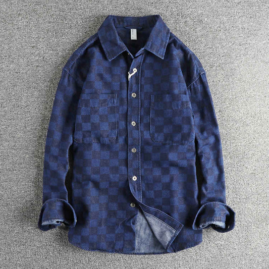 Spring Japanese Retro Long Sleeve Lapel Denim Plaid Cargo Shirts Men's High Street 100% Cotton Washed Loose Casual Thin Jacket