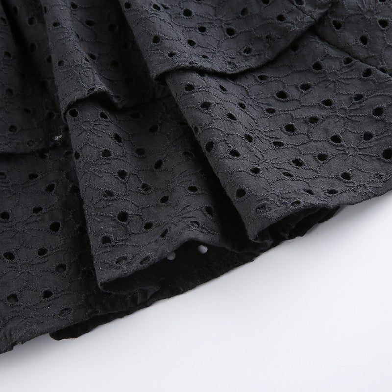 V Neck Ruffles Pleated Dress Women Puff Sleeve Chic Black Summer Dress 2025 Part
