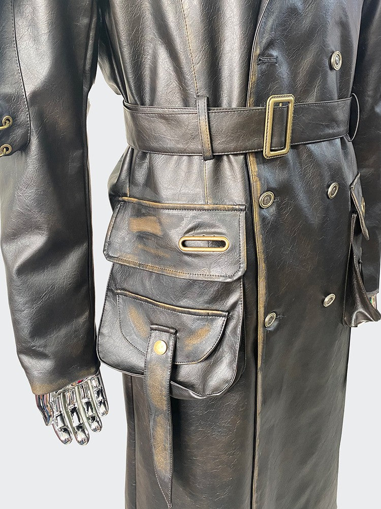 Nerazzurri Spring Autumn Cool Long Waterproof Distressed Black Pu Leather Trench Coat Men Belt Pockets Luxury Designer Clothes