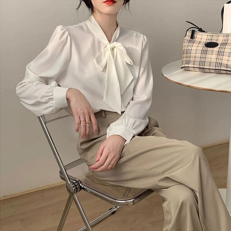 Bow Tie Chiffon Shirts Casual Long Sleeve White Blouse Women's Elegant Business Loose Blouses Ladies Spring and Autumn Chic Tops