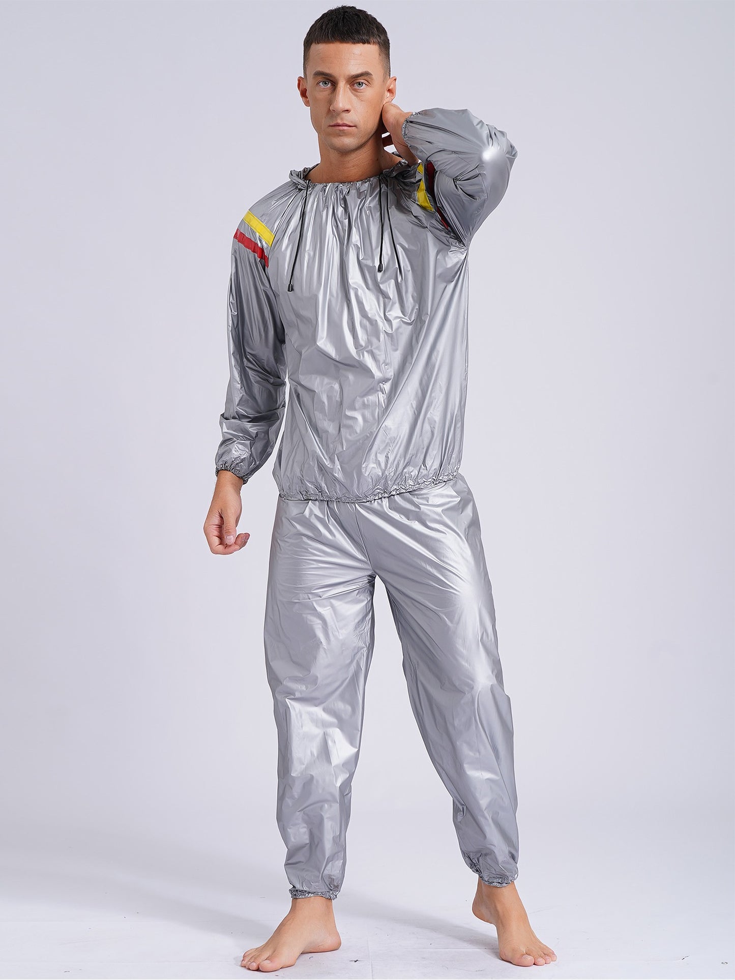 Mens Pullover Style PVC Sweating Suit for Boxing Gym Workout Fitness Sauna Sweat Outfit Hooded Jacket Outerwear And Long Pants