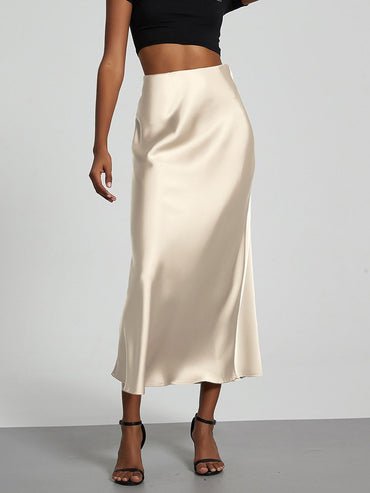 Fashion Satin Party Long Skirt High Waist Solid Color Casual Basic Women Skirts